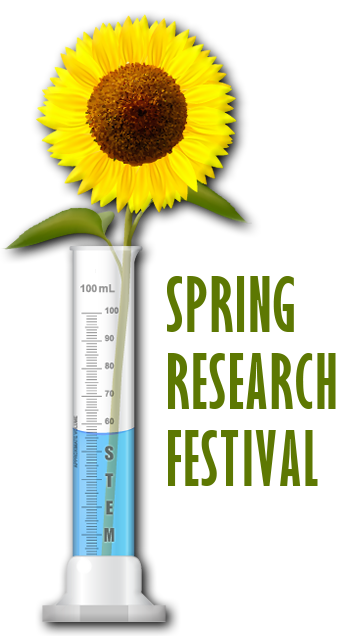 An image of a graduated cylinder with a sunflower inside of it and the words Spring Research Festival next to it.
